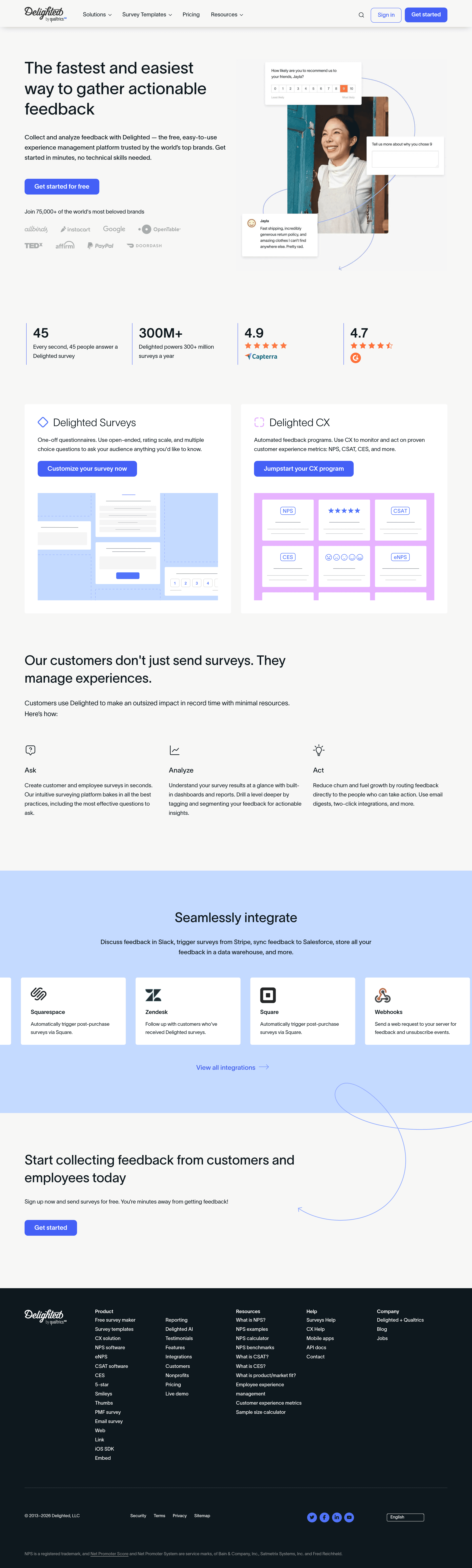 Delighted saas landing page screenshot