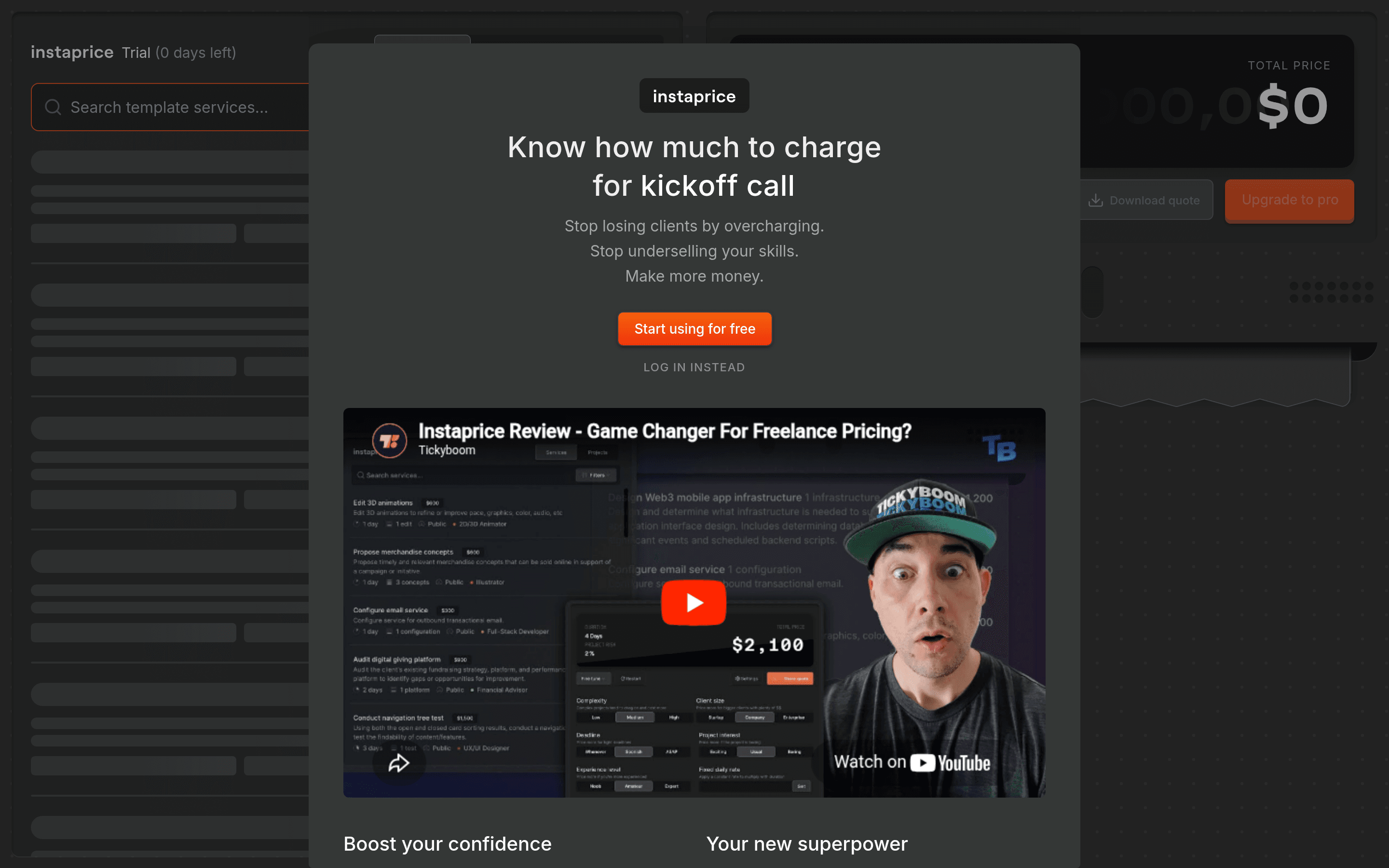 instaprice saas landing page screenshot