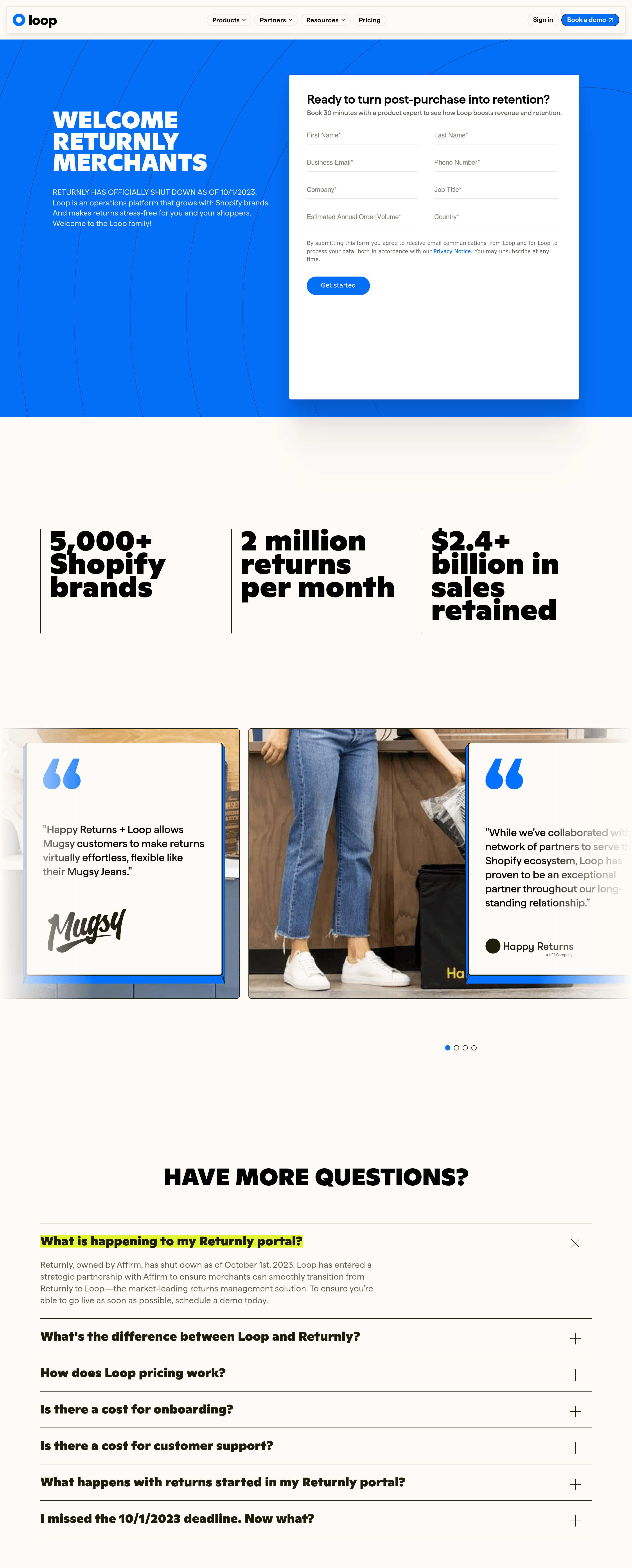 Returnly saas landing page screenshot