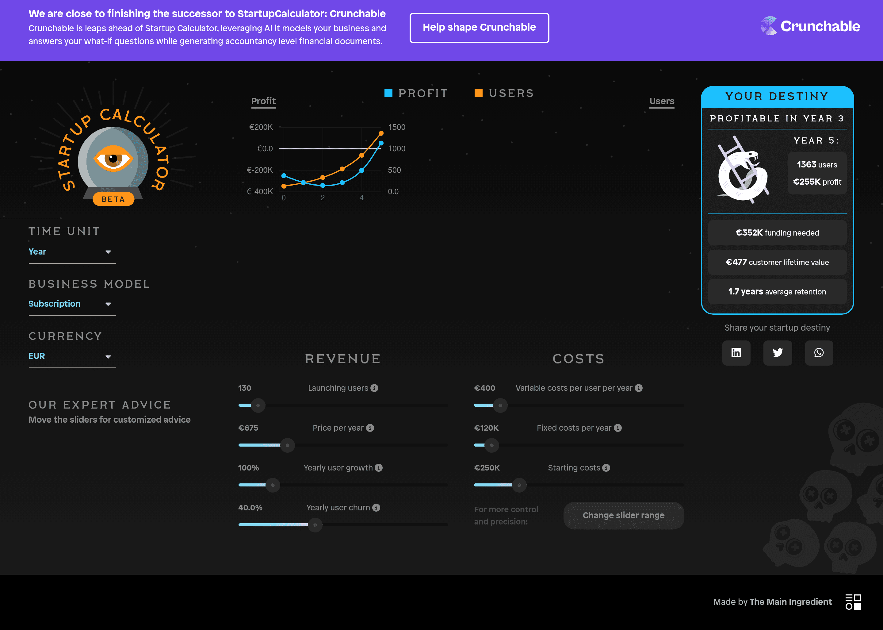 Startup Calculator saas landing page screenshot