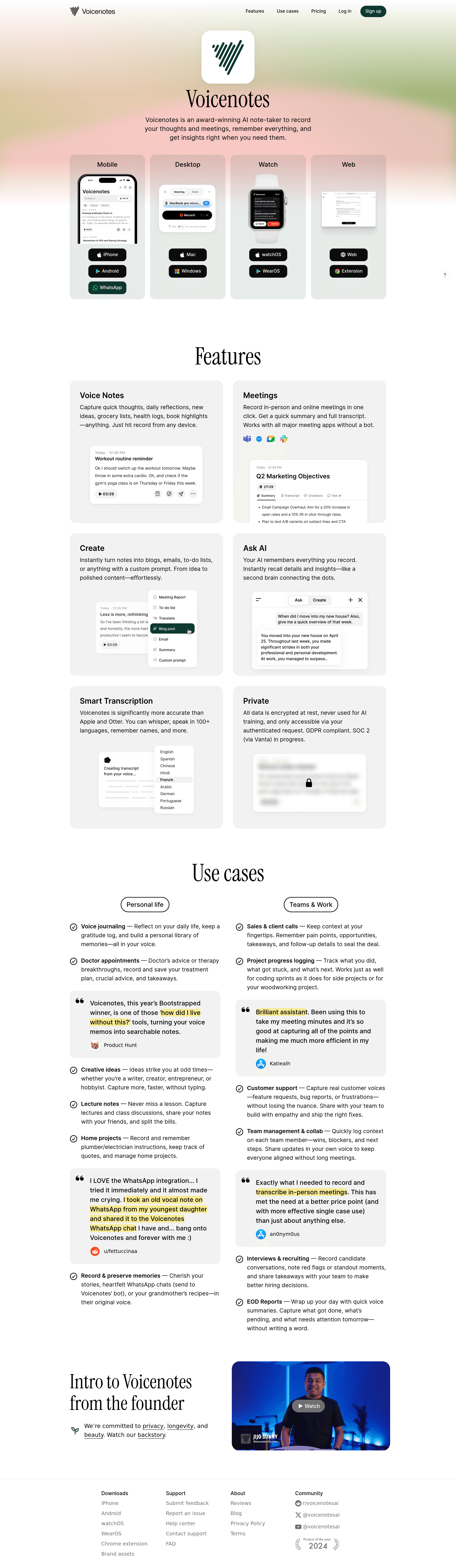 Voicenotes landing page screenshot